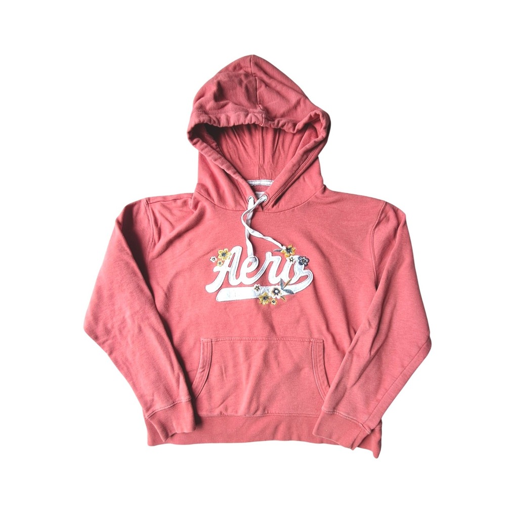 Aeropostale Womens XL‎ Coral Pink Floral Embroidered Logo Pullover Hoodie